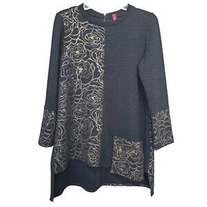 IC by Connie K Black Textured Floral 3/4 Sleeve High-Low Hem Zip-Back Tunic S